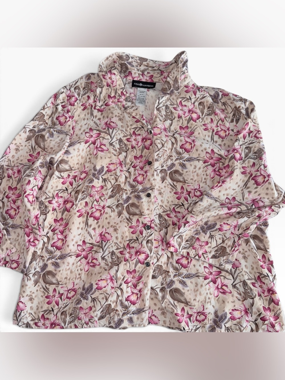 Sag Harbor Cream Button-Front Silk Blouse with Pink Floral Print